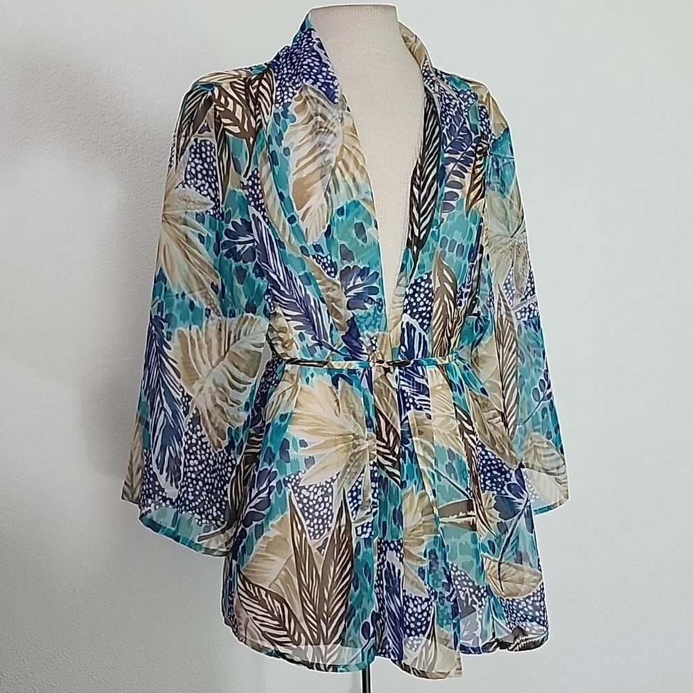 Bon Worth Kimono Semi Sheer Tropical Leaf Detail Aqua Size L